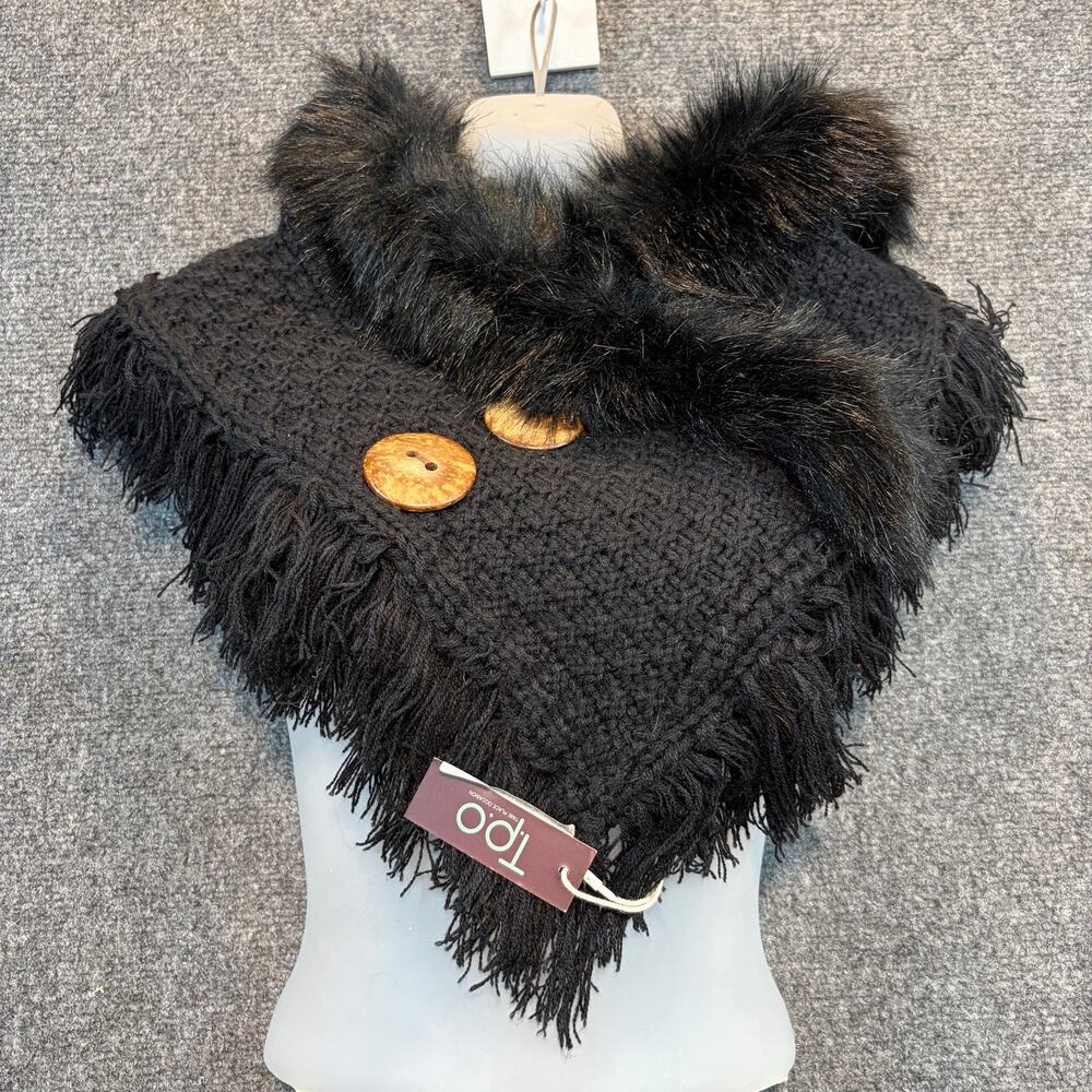 Brand New T.P.O. Women's OS Black Acrylic Faux Fur Shawl Collar Scarf Buttoned